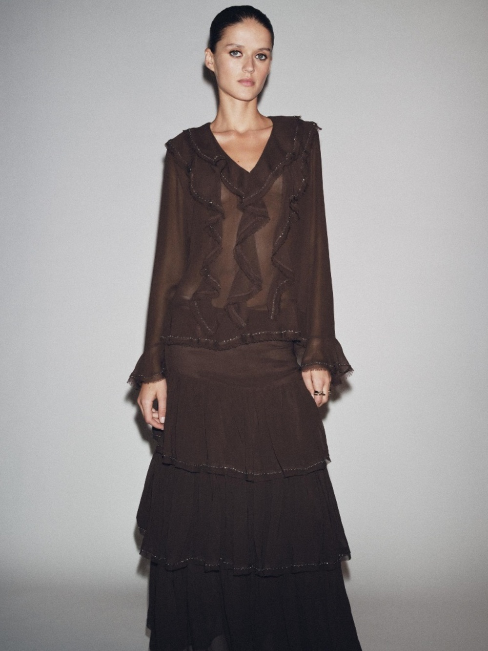 Zara|ZW Collection Brown Beaded Ruffle Skirt